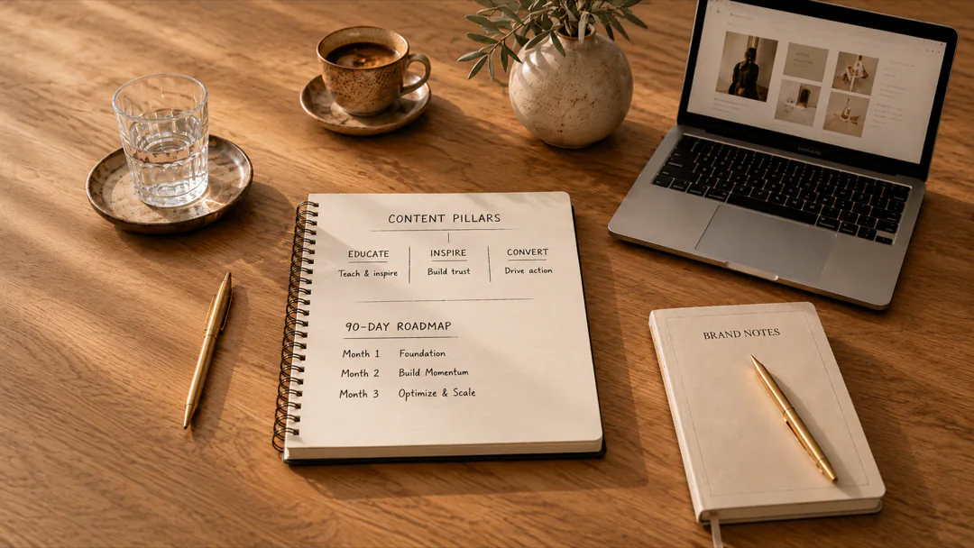 Content strategy notebook beside a laptop, coffee, and brand notes on a sunlit desk