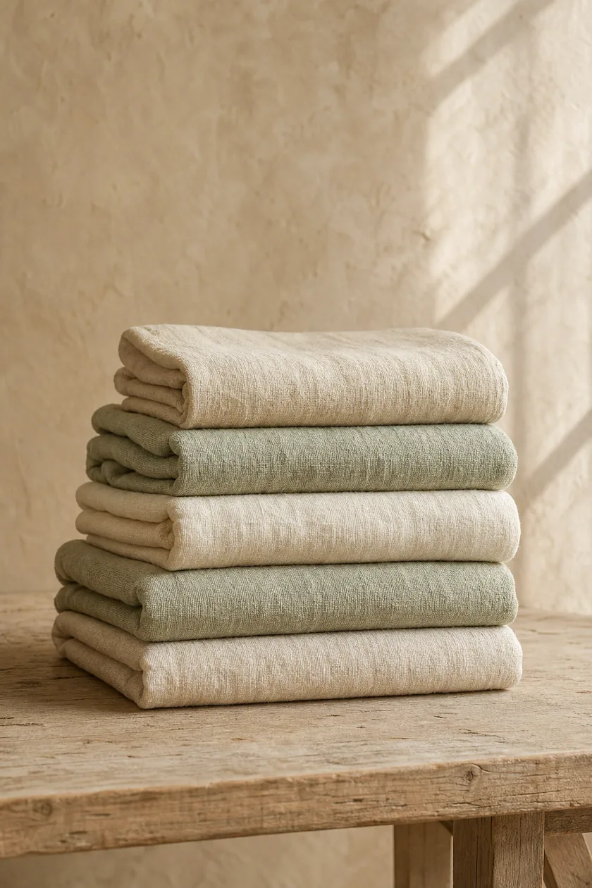 Folded natural linen textiles on a rustic wood table for Field & Fold