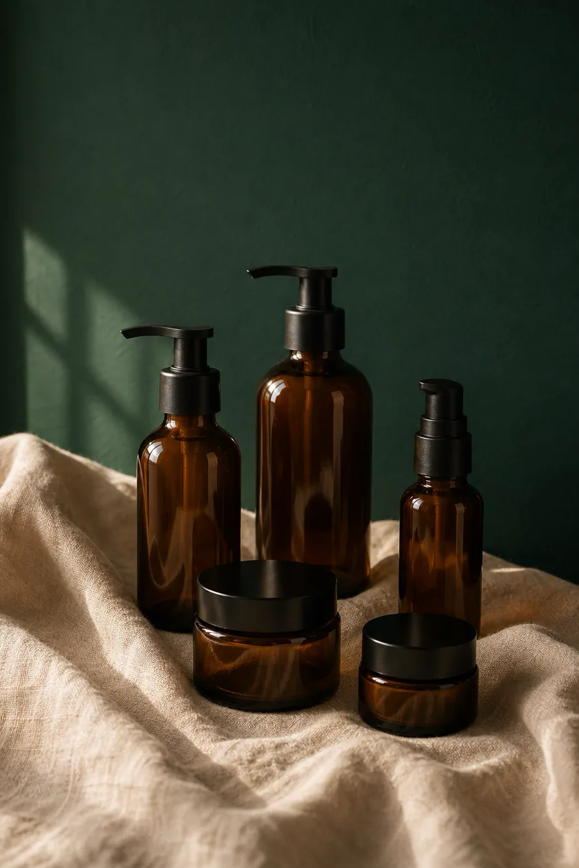 Amber glass skincare bottles against a deep emerald wall for Maren & Co