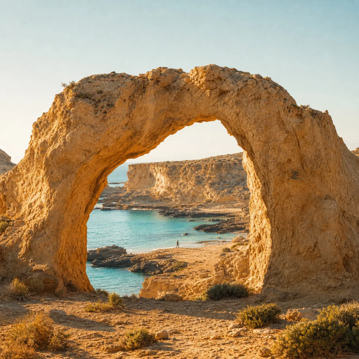 Golden sandstone arch framing a turquoise coastal cove