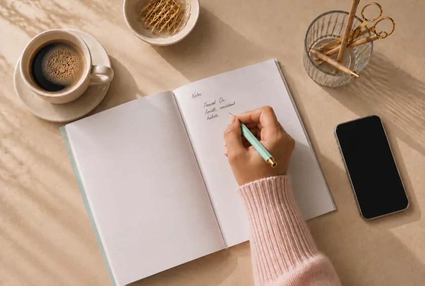 Hands writing a focused content plan beside coffee
