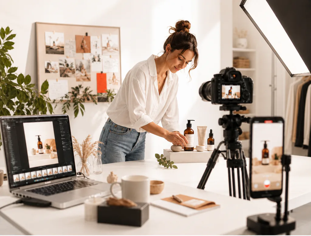 Founder styling skincare products on a studio set with a camera and softbox