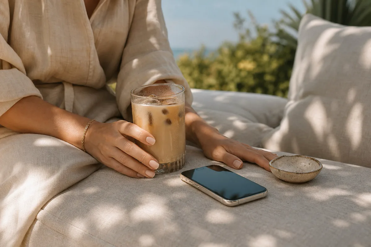 Hands holding an iced coffee and a phone on a linen sofa outdoors