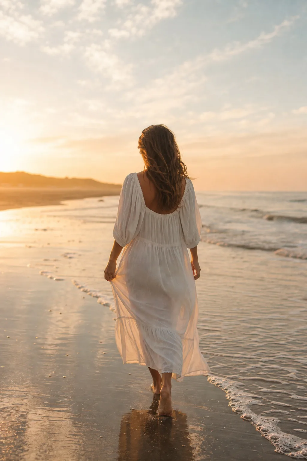 Woman in a flowing white dress walking along the shoreline at golden hour